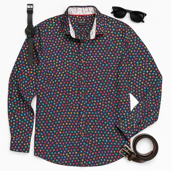 Bugatchi Men's Multicolor Polka Dot Shirt | Shaped Fit | Size L by measurements - Picture 2 of 14